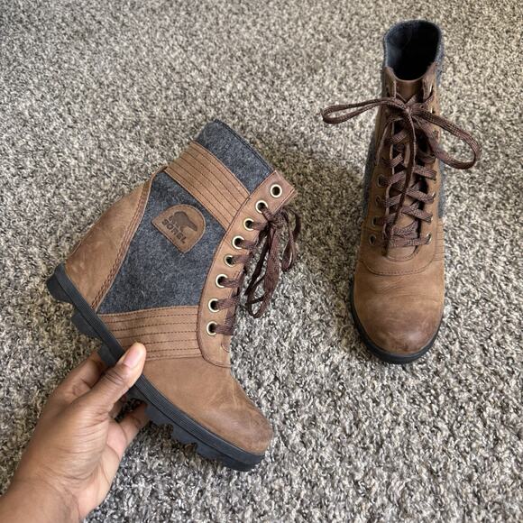 Sorel Lexie Womens Wedge Boots Size 9 Brown Leather Gray Comfort Casual Winter - Picture 1 of 8